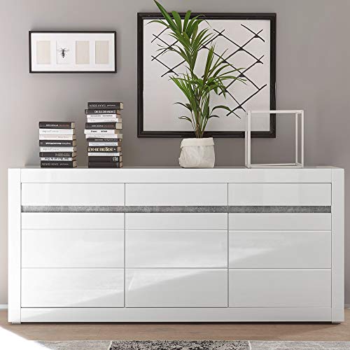 Lomadox Sideboard Weiss Hochglänzend modern mit Griffmulden in Betonoptik Breite: 217cm von Lomadox