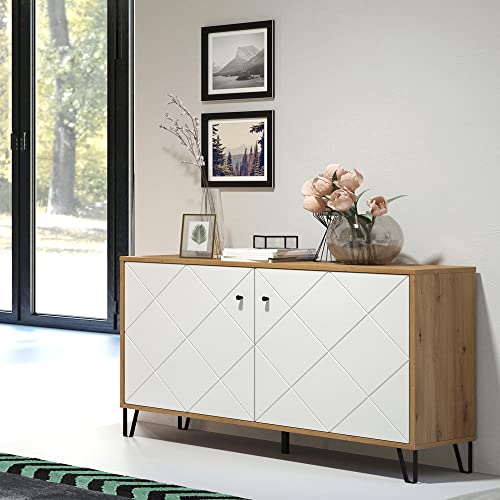 Lomadox Sideboard Wohnzimmer modern in Artisan Eiche Nb. mit weiß matt, B/H/T: ca. 123/76/40 cm von Lomadox