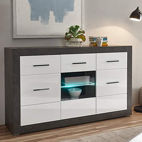 Lomadox Sideboard in Hochglanz weiß mit Betonoptik dunkel inkl. LED-Beleuchtung von Lomadox