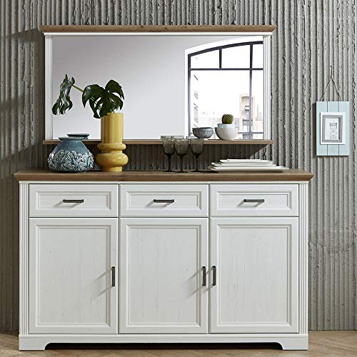 Lomadox Sideboard und Spiegel Set in Pinie weiß und Artisan Eiche Nb. Landhaus-Stil von Lomadox