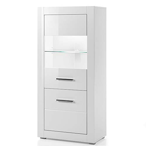 Lomadox Stand-Vitrine im modernen Hochglanz weiß mit LED-Glaskantenbeleuchtung von Lomadox