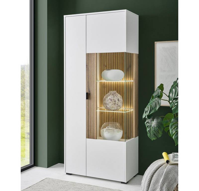 Lomadox Vitrine HUNTER-61 Vitrine Standvitrine Schrank weiß matt Eiche gerillt 75x180x38 cm von Lomadox