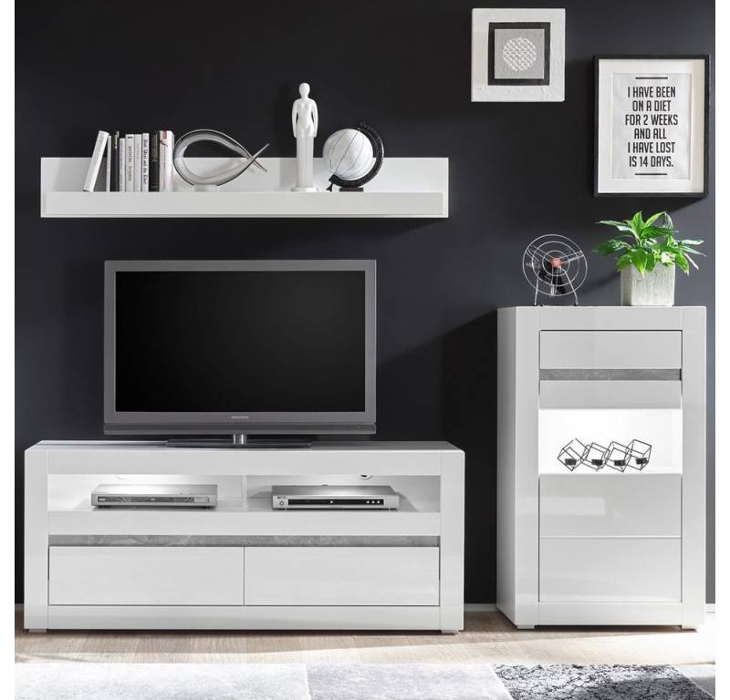 Lomadox Wohnwand COGO-61, (5-St), weiß Hochglanz Hifi-Rack Wandregal und Kommode 231x162x42cm von Lomadox