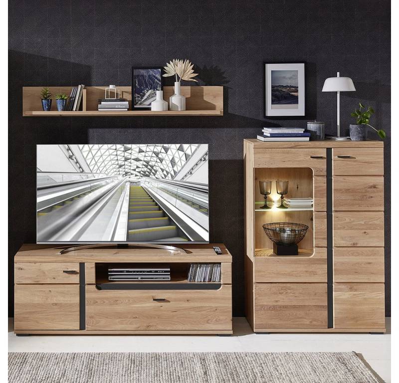 Lomadox TV-Wand STAVEN-36, (3-tlg), schwarz matt, Artisan Oak Nb., Massivholzfronten, LED Beleuchtung von Lomadox