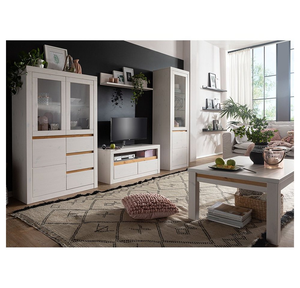 Lomadox Wohnzimmer-Set WILSON-69, (Mega-Spar-Set, 5-St., 5-tlg), in weiß Kiefer Massivholz, Wohnwand, Couchtisch, Softclose, Glastüren von Lomadox