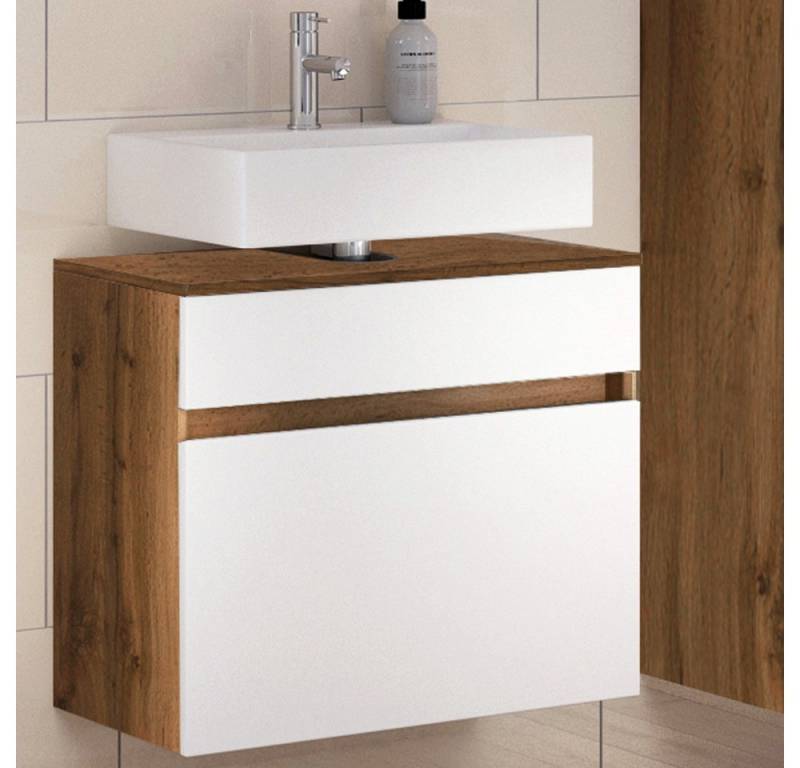 Lomadox Waschbeckenschrank LOUROSA-03 mit Auszug in Wotaneiche Nb. mit matt weiß, B/H/T: ca. 60/55/35 cm von Lomadox