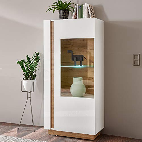 Lomadox Vitrine LED-Highboard in Hochglanz weiß mit Abs. Grandson-Oak Eiche Nb. - B: 72 cm von Lomadox