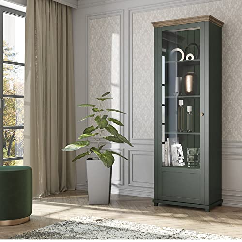 Lomadox Vitrine Landhaus grün mit Lefkas Eiche Nb. Knopfgriffe Messing Türanschlag Links, B/H/T: ca. 71/200/42 cm von Lomadox