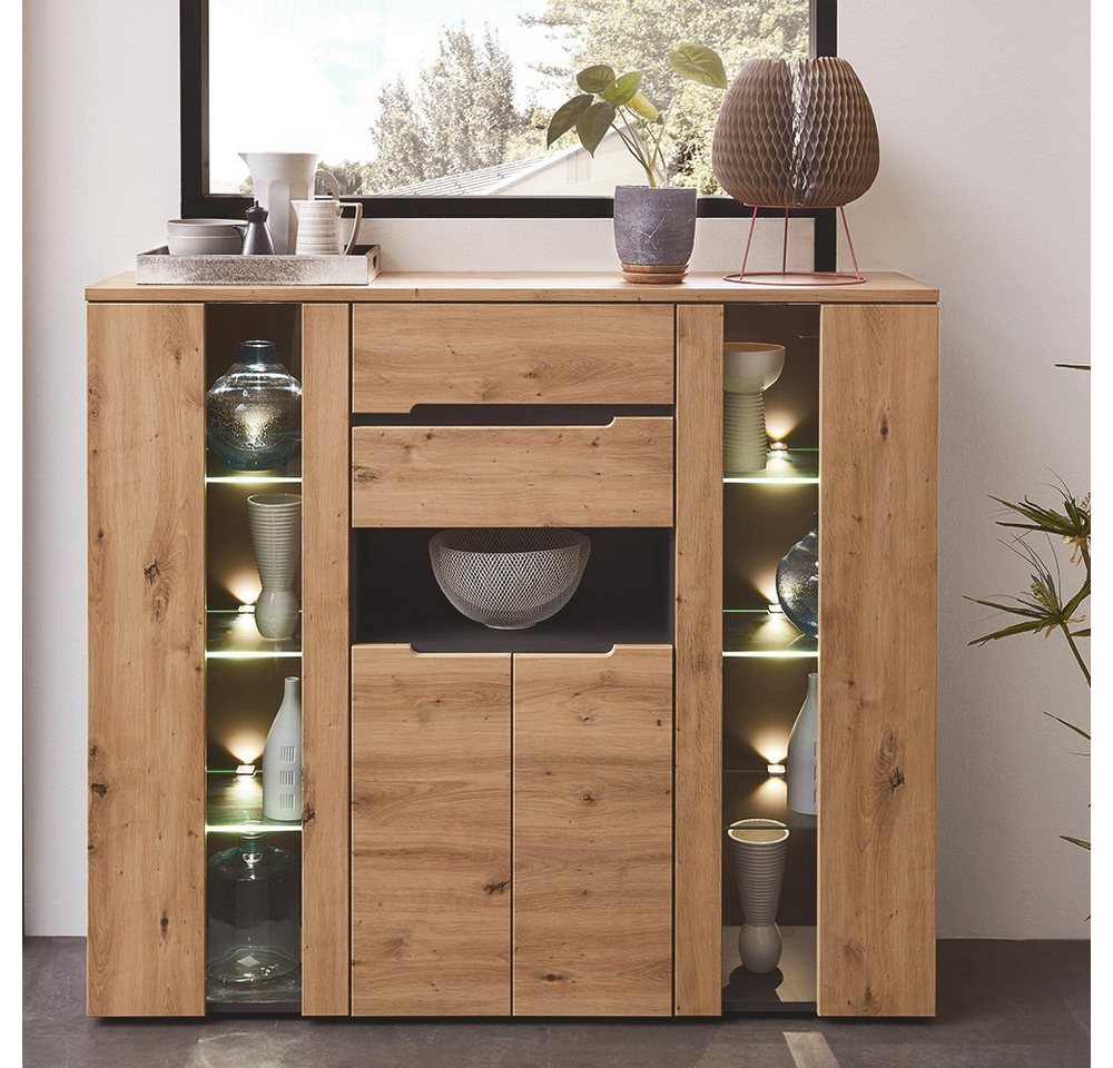 Lomadox Highboard MANRESA-36, inkl. LED-Beleuchtung in Artisan Eiche Nb. mit Graphit : 145/127/38 cm von Lomadox