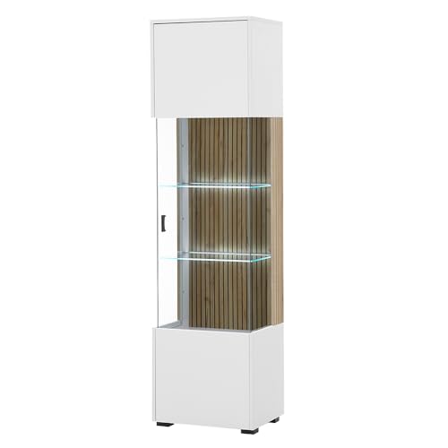 Lomadox Vitrine Standvitrine Vitrinenschrank Glasböden weiß matt Eiche Rillen gerillt modern 48,5x180x38 cm von Lomadox