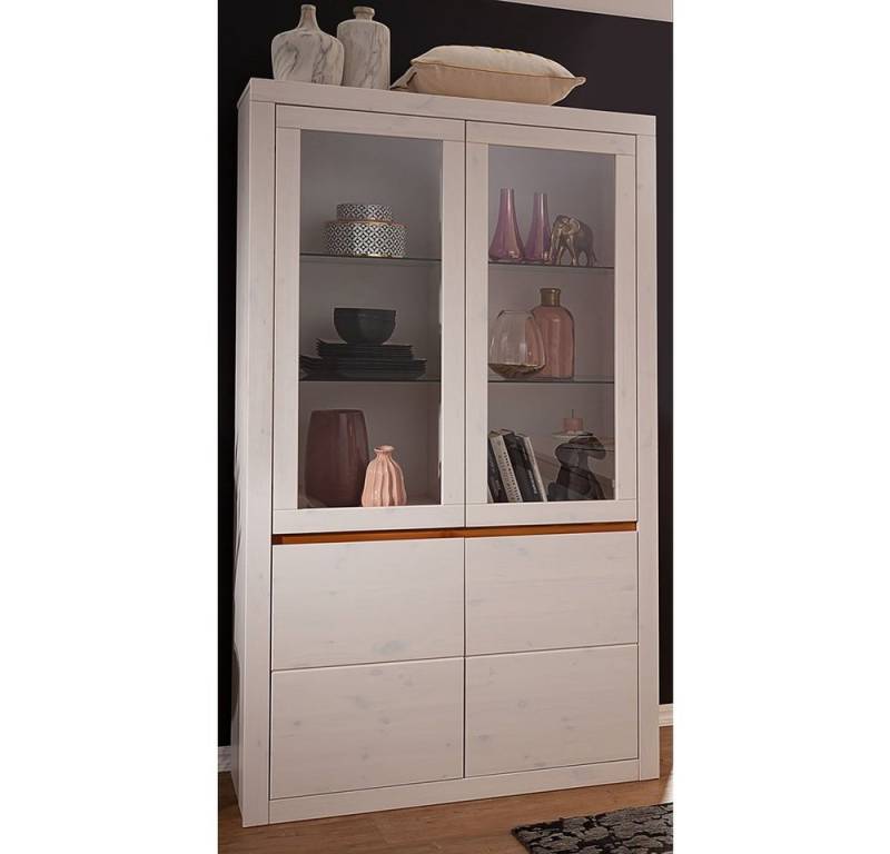 Lomadox Vitrine WILSON-69 in weiß Kiefer Massivholz, Softclose, B/H/T: ca. 110,5/190/42 cm von Lomadox