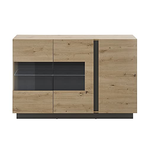 Lomadox Vitrinen-Sideboard in Eiche Artisan Nb. mit Absetzungen in Graphit grau, B/H/T: ca. 138/91/40 cm von Lomadox