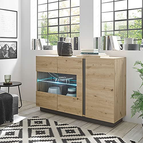 Lomadox Vitrinen-Sideboard mit Beleuchtung in Eiche Artisan Nb. mit Absetzungen in Graphit grau, B/H/T: ca. 138/91/40 cm von Lomadox