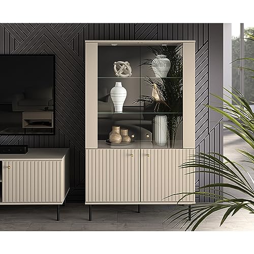 Lomadox Vitrininenschrank mit Glastüren in Kaschmir matt, Rillenoptik, Softclose-Funktion, B/H/T ca. 92/151/40 cm von Lomadox