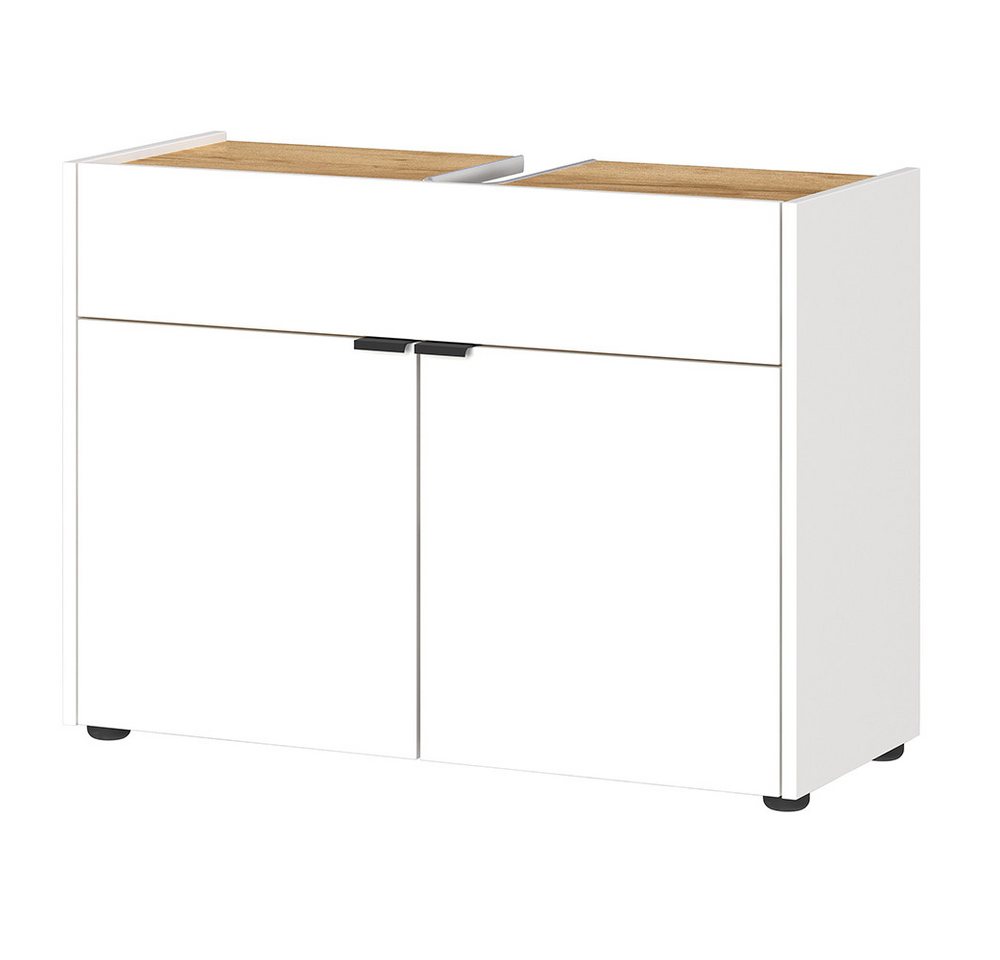 Lomadox Waschbeckenschrank FLORINA-01 Badezimmerschrank mit Siphonausschnitt modern in weiß mit Eiche von Lomadox