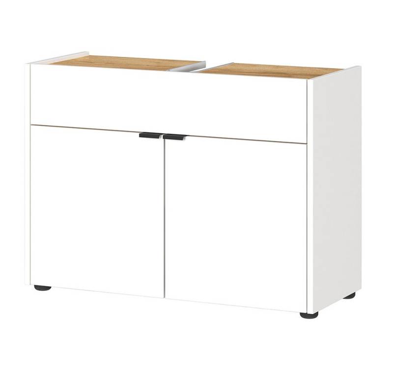 Lomadox Waschbeckenschrank FLORINA-01 Badezimmerschrank mit Siphonausschnitt modern in weiß mit Eiche von Lomadox