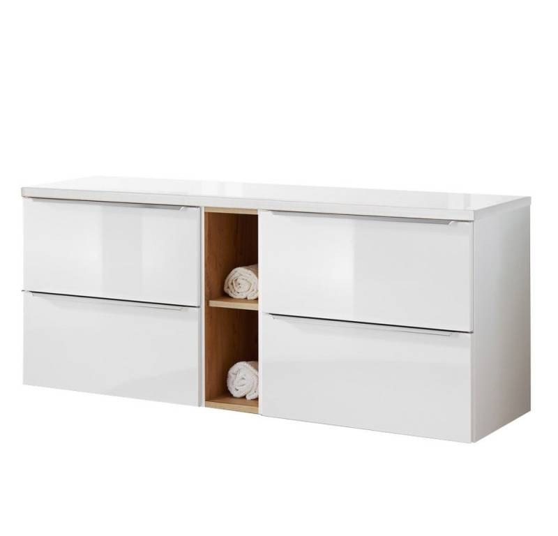 Lomadox Waschbeckenschrank TOSKANA-56 Waschtisch 141cm mit 4 Auszügen in Hochglanz weiß 141/59,5/46 cm von Lomadox