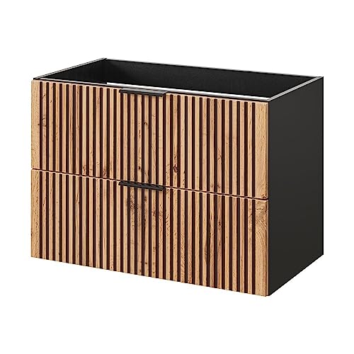 Lomadox Waschbeckenunterschrank 80 cm Unterschrank Waschtischunterschrank Badschrank Schubladen anthrazit mit Eiche Nb. Schwarze Rillen 80x57x46 cm von Lomadox