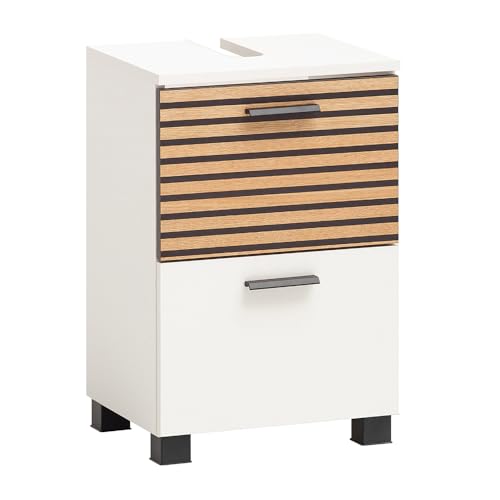 Lomadox Waschbeckenunterschrank Badezimmer Unterschrank weiß matt Akustikpaneel-Optik Siphonausschnitt Klappe Schubkasten 40,2x60,8x35 cm von Lomadox