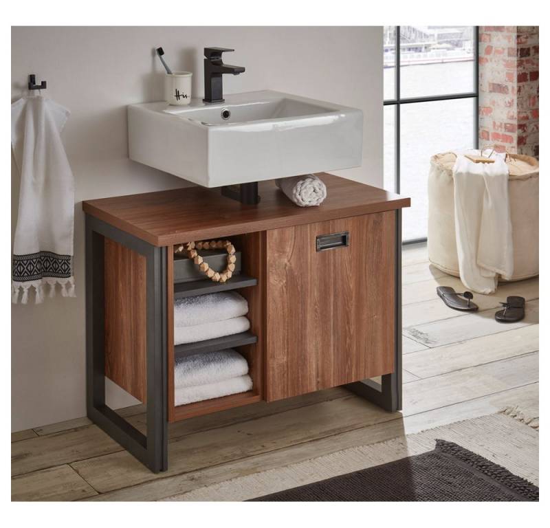 Lomadox Waschbeckenschrank DALLAS-61 Stirling Oak Nb. mit Absetzung in Matera anthrazit 81/62/40 cm von Lomadox
