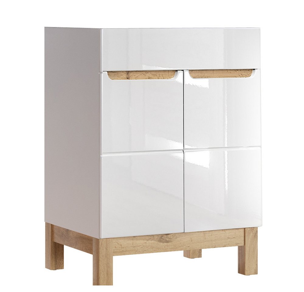 Lomadox Waschbeckenschrank SOLNA-56 Waschtischunterschrank 60 cm Hochglanz weiß mit Wotaneiche 60x85x45cm von Lomadox