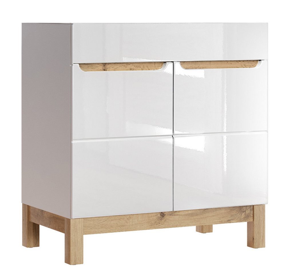 Lomadox Waschbeckenschrank SOLNA-56 Waschtischunterschrank 80 cm Hochglanz weiß mit Wotaneiche 80x85x46cm von Lomadox