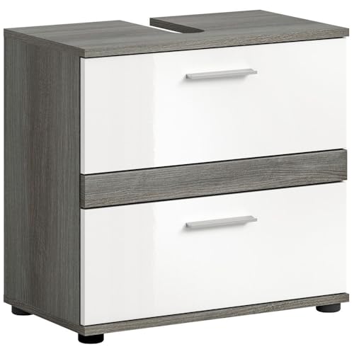 Lomadox Waschbeckenunterschrank WBU Schrank für Waschbecken Badezimmerschrank unter Waschbecken mit Siphonausschnitt in Rauchsilber Nachbildung mit Front in weiß Hochglanz tiefzieh, Breite 60 cm von Lomadox