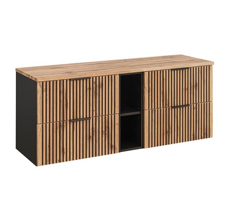 Lomadox Waschbeckenschrank XANTEN-56 140 cm mit Regal in anthrazit mit Eiche Nb. schwarz gerillt von Lomadox