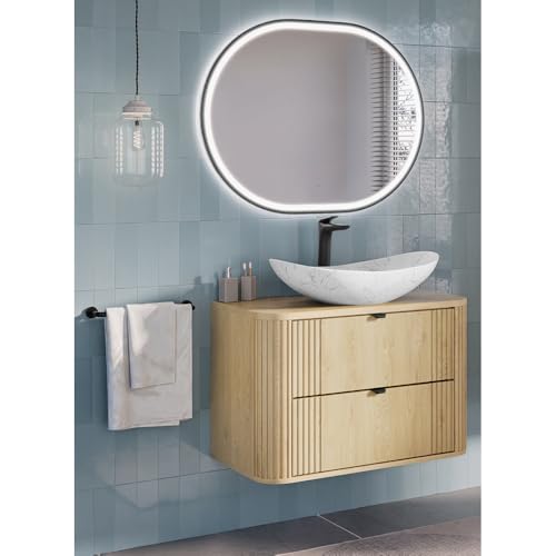 Lomadox Waschplatz-Set 2-teilig in Eiche, gerillt mit Waschtisch 80 cm mit Keramik Aufsatzwaschbecken, LED Spiegel, Softclose, Metallgriffe, abgerundete Kanten von Lomadox