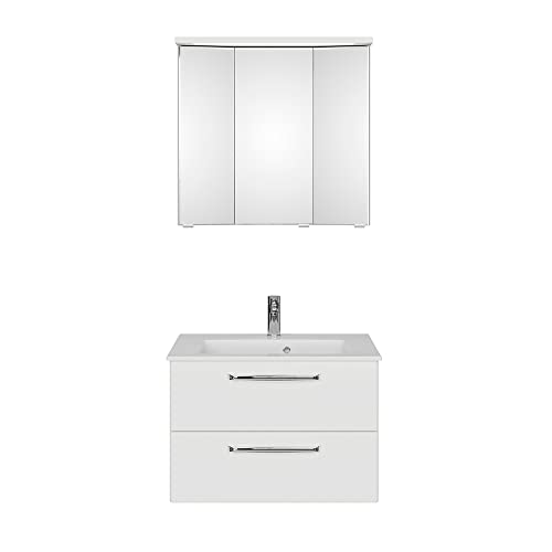 Lomadox Waschplatz Set 77 cm mit Mineralmarmorbecken Spiegelschrank LED Beleuchtung in weiß Glanz, B/H/T: ca. 77/200/50 cm von Lomadox