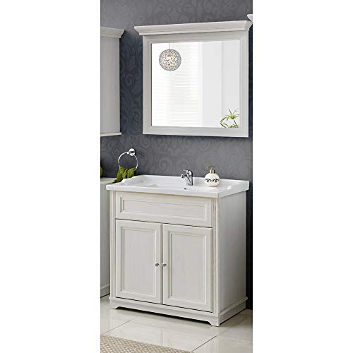 Lomadox Waschplatz Set ● Landhaus Andersen Pine weiß ● 80 cm Keramik-Waschtisch, Unterschrank mit 2 Türen und Spiegel von Lomadox