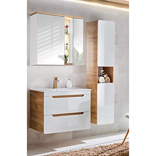 Lomadox Waschplatz Set in weiß Hochglanz und Wotan Eiche Nb., 81 cm Keramik-Waschtisch, LED-Spiegelschrank & Hochschrank Lomadox Waschplatz Set in weiß Hochglanz und Wotan Eiche Nb., 81 cm Keramik-Waschtisch, LED-Spiegelschrank & Hochschrank von Lomadox