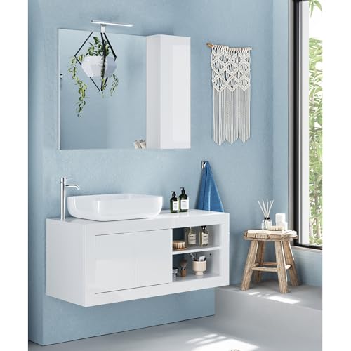 Lomadox Waschplatz Set mit 110 cm Waschtisch Spiegelschrank mit LED Beleuchtung Aufbauleuchte in weiß Hochglanz von Lomadox