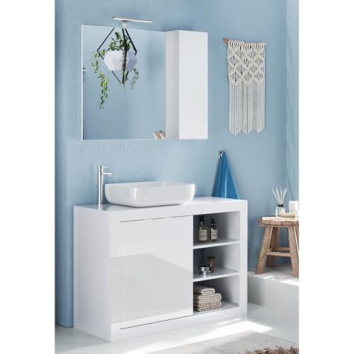 Lomadox Waschplatz Set weiß Hochglanz 110 cm Waschtisch stehend Spiegelschrank LED Beleuchtung Aufbauleuchte von Lomadox
