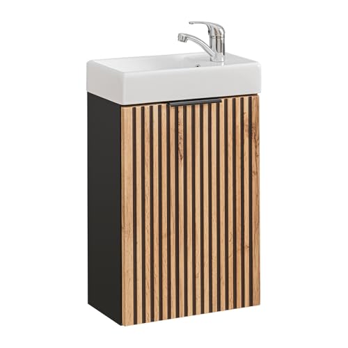 Lomadox Waschtisch 41x66x22 cm klein Gäste WC Bad Unterschrank mit Waschbecken Keramik anthrazit mit Eiche Nb. schwarz gerillt von Lomadox