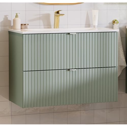 Lomadox Waschtisch 80cm, grün, gerillte Front, hängende Montage, geringe Tiefe 40cm von Lomadox