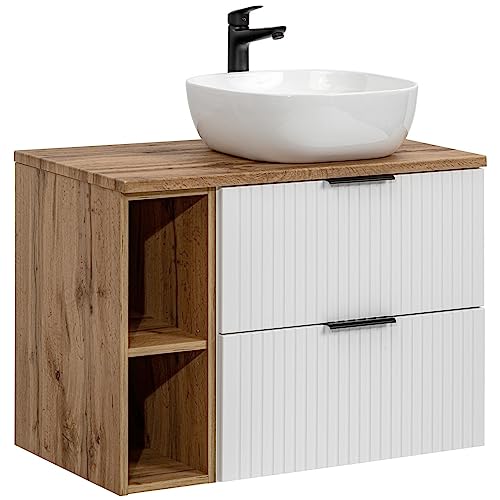 Lomadox Waschtisch 80cm mit Keramik-Waschbecken, weiß mit Eiche Nb., gerillte Front, auch spiegelverkehrt montierbar Lomadox Waschtisch 80cm mit Keramik-Waschbecken, weiß mit Eiche Nb., gerillte Front, auch spiegelverkehrt montierbar von Lomadox