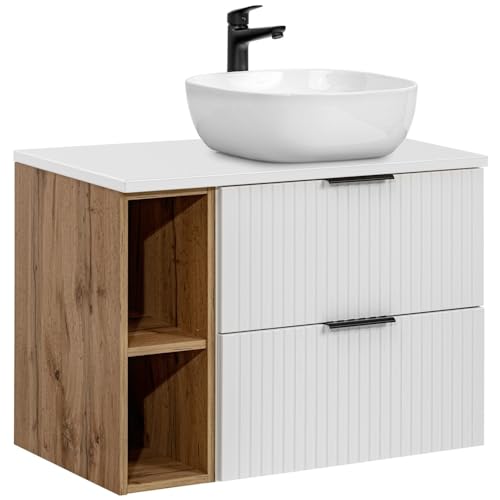 Lomadox Waschtisch 80cm mit Keramik-Waschbecken, weiß mit Eiche Nb., gerillte Front, gerillte Front, auch spiegelverkehrt montierbar Lomadox Waschtisch 80cm mit Keramik-Waschbecken, weiß mit Eiche Nb., gerillte Front, gerillte Front, auch spiegelverkehrt montierbar von Lomadox