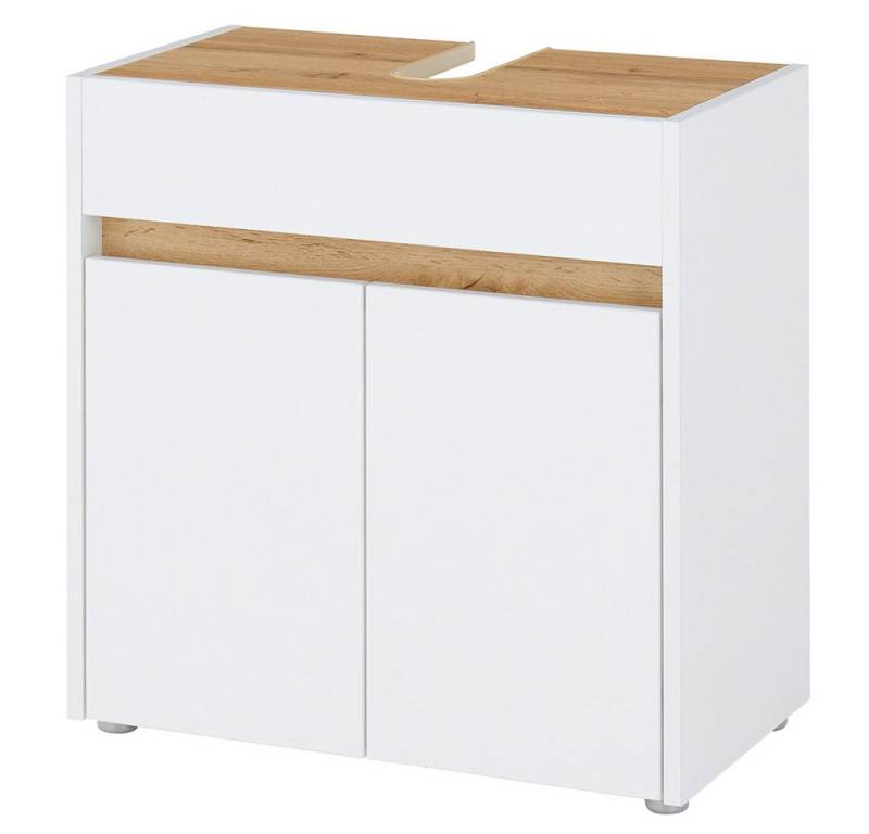 Lomadox Waschtisch CRISP-61, Weiß mit Eiche Nb., 2 Türen, Siphonausschnitt, 60cm breit von Lomadox