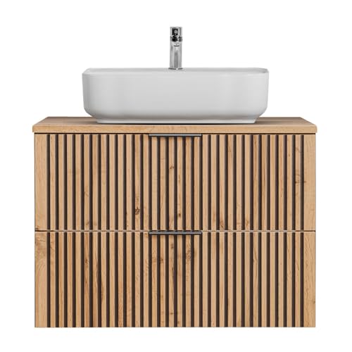 Lomadox Waschtisch Rillen schwarz Unterschrank 80 cm mit Keramik Aufsatzwaschbecken Waschbecken anthrazit Eiche Nb. B/H/T: 80,6/73,2/46,5 cm von Lomadox