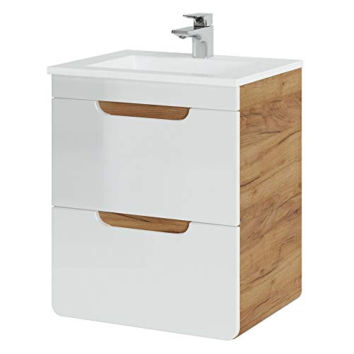 Lomadox Waschtisch Set 52 cm Unterschrank mit Keramikbecken Hochglanz weiß mit Wotan Eiche Nb., 2 Softclose-Schubkästen Lomadox Waschtisch Set 52 cm Unterschrank mit Keramikbecken Hochglanz weiß mit Wotan Eiche Nb., 2 Softclose-Schubkästen von Lomadox