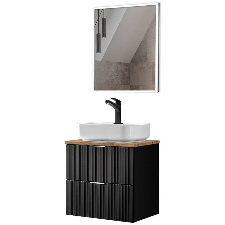 Lomadox Badmöbel-Set ADELAIDE-56-BLACK, (Spar-Set, 2-St), schwarz matt und Eiche Nb, mit Keramik-Waschbecken & LED Spiegel von Lomadox