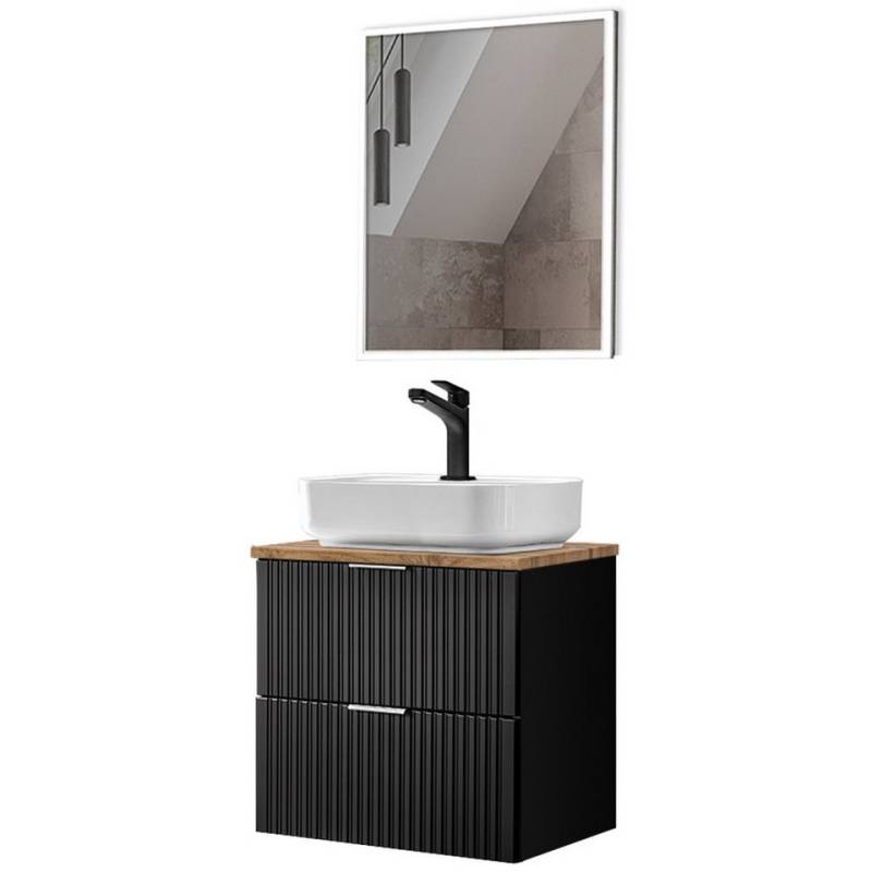 Lomadox Badmöbel-Set ADELAIDE-56-BLACK, (Spar-Set, 2-St), schwarz matt und Eiche Nb, mit Keramik-Waschbecken & LED Spiegel von Lomadox