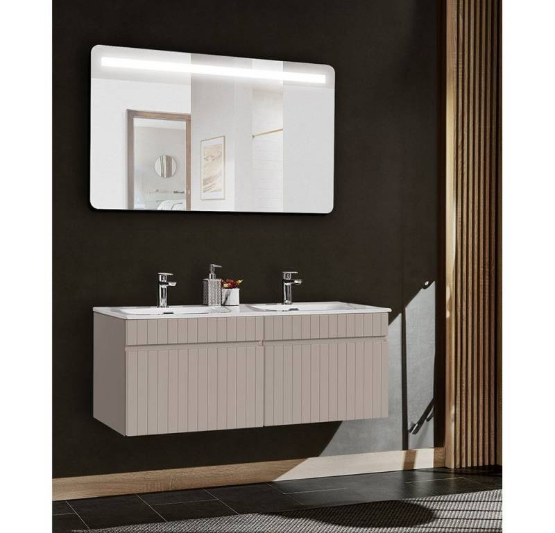 Lomadox Badmöbel-Set IRAKLIO-56-CASHMERE, (Spar-Set, 2-St), Kaschmir, Rillen, Waschplatz Doppelwaschtisch 121 cm, Spiegel LED von Lomadox