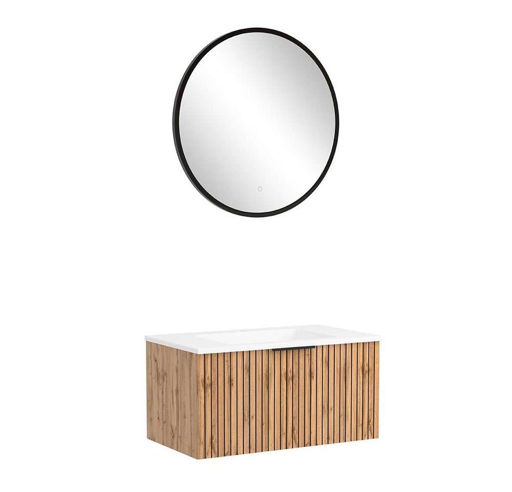 Lomadox Badmöbel-Set LIVINGSTON-03, (Spar-Set, 2-St., Waschtisch Spiegel), Eiche, gestreifte Front, Spiegel mit LED, Waschbecken weiß von Lomadox