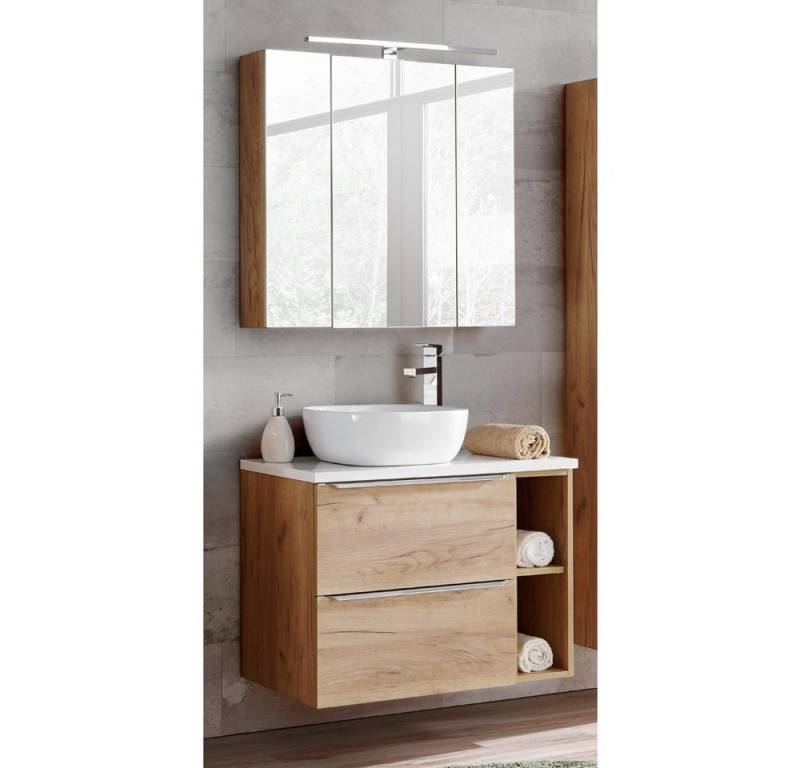 Lomadox Badmöbel-Set TOSKANA-56, (Spar-Set, 2-St), Keramikbecken un Spiegelschrank Eiche/Hochglanz weiß 80/190/46cm von Lomadox