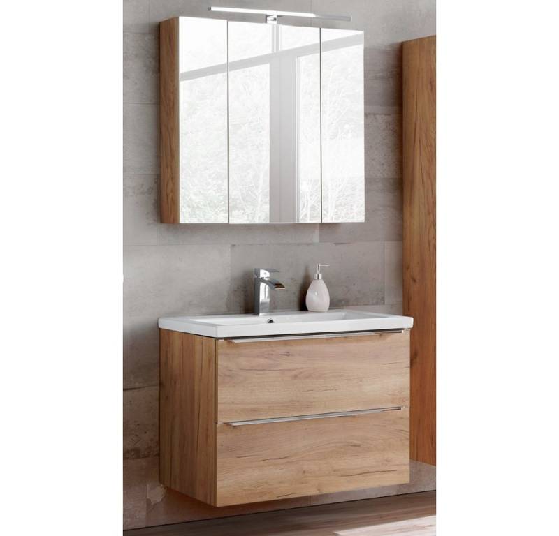 Lomadox Badmöbel-Set TOSKANA-56, (Spar-Set, 2-St), mit LED-Spiegelschrank 80cm Keramik-Waschtisch Wotaneiche 80/190/46cm von Lomadox