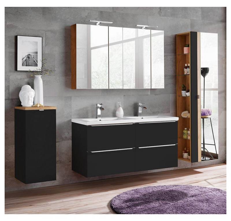 Lomadox Badmöbel-Set TOSKANA-BLACK-56, (Spar-Set, 4-St), mit Doppel-Keramik-Waschtisch 120cm seidenmatt anthrazit Wotaneiche von Lomadox