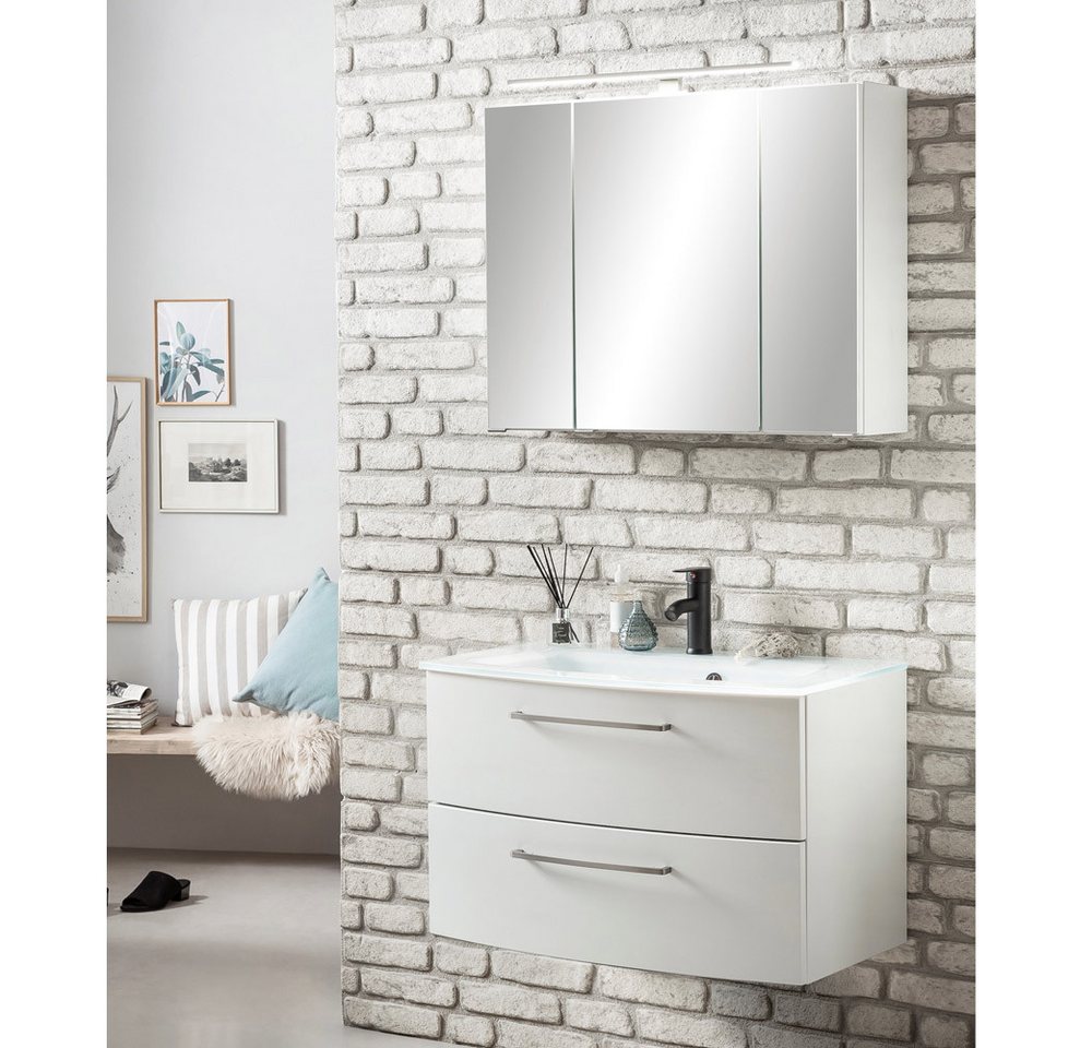 Lomadox Waschtisch-Set TRONDHEIM-03, (Spar-Set, 0-St), weiß 80cm inkl. Glas-Waschtisch in weiß Spiegelschrank 3D 80/53/49cm von Lomadox