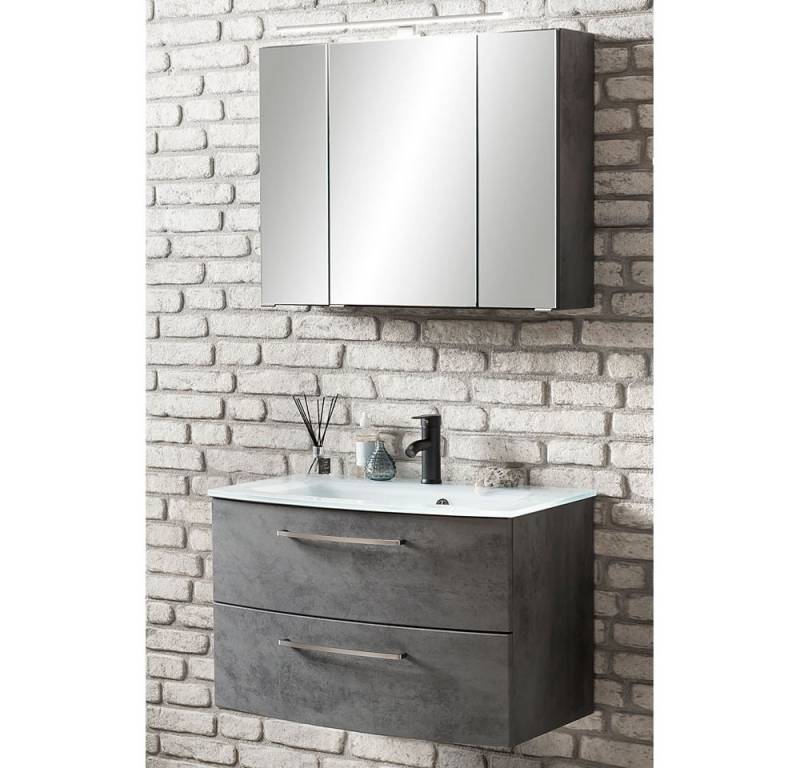 Lomadox Badmöbel-Set TRONDHEIM-03, (Spar-Set), Oxid Stone 80cm Glas-Waschtisch weiß 3D Spiegelschrank 80/53/49cm von Lomadox